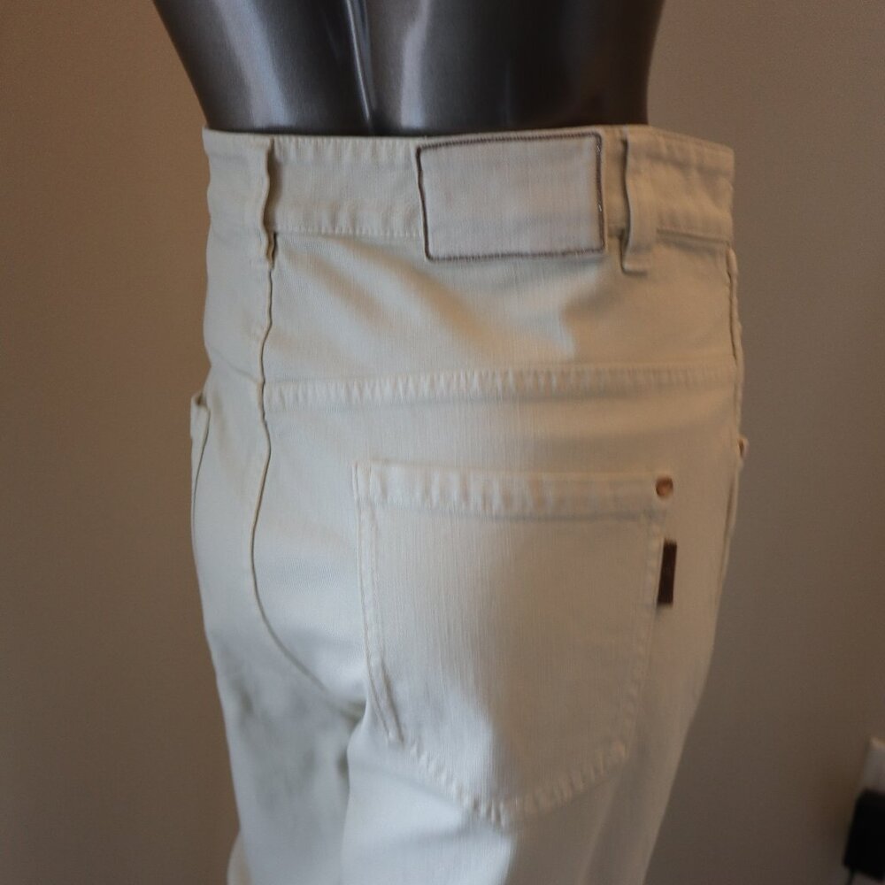 Brunello Cucinelli Monili Tab Jeans Beige Denim Relaxed Leg Skaters Size 10